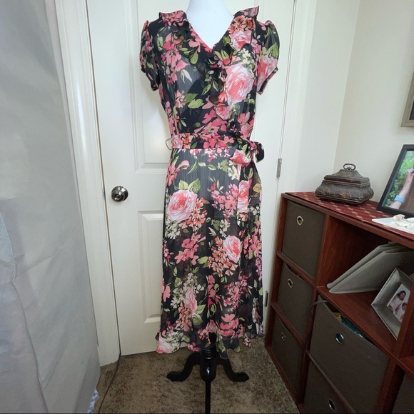 MSK Sheer Floral Faux Wrap Midi Dress Ruffle Neck 6 - Picture 16 of 17